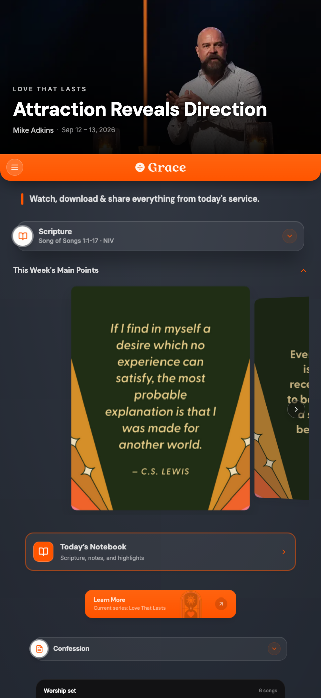 Example Grace church page with sermon content, Scripture, notes and worship